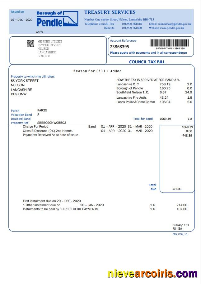 United Kingdom Borough of Pendle council tax bill